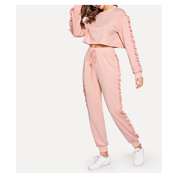 MBM Unlimited Pants - Pink Ruffle Trim Drawstring High Waist Sweatpants